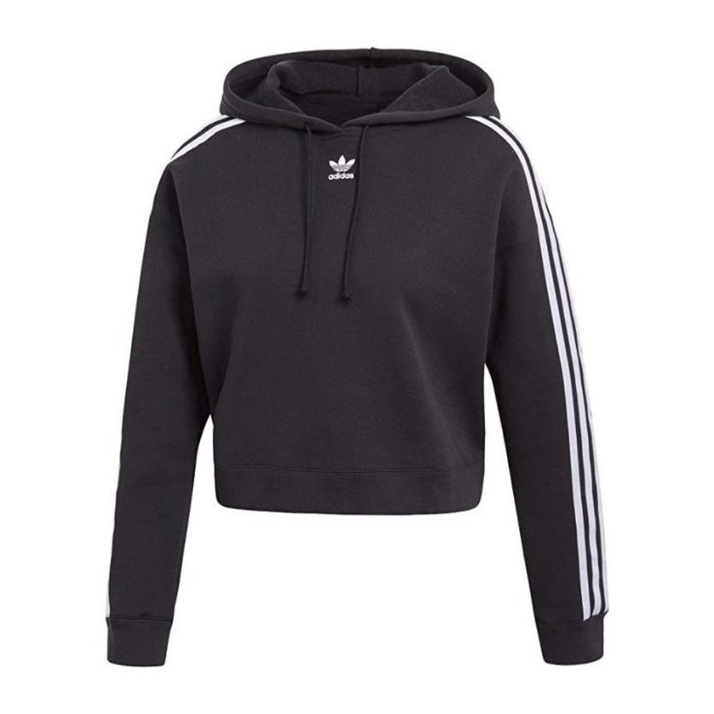 Adidas Originals Cropped Hoodie Sweatshirt in Black 3 Stripe Womens Size M